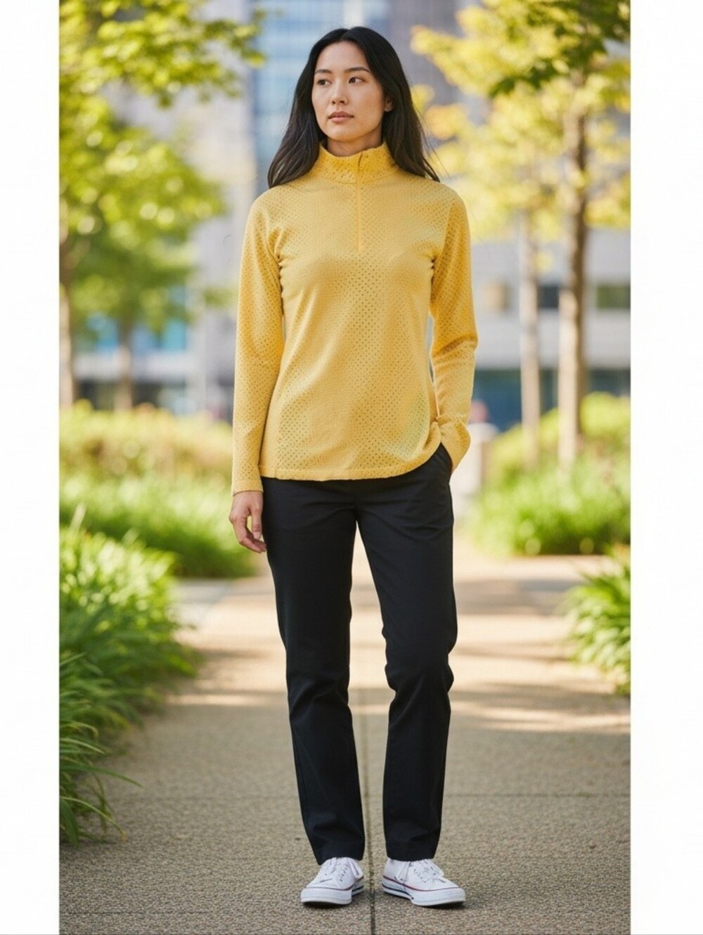 Tasc Performance Yellow‎ Polka Dot 1/4 Zip Long Sleeve Shirt Size Small